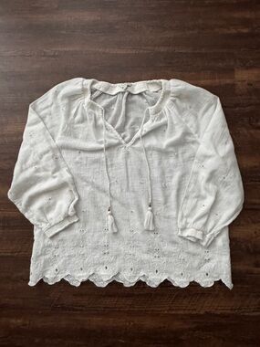 Lucky Brand White Eyelet 100% Cotton Scalloped Edge Embroidered Peasant Top